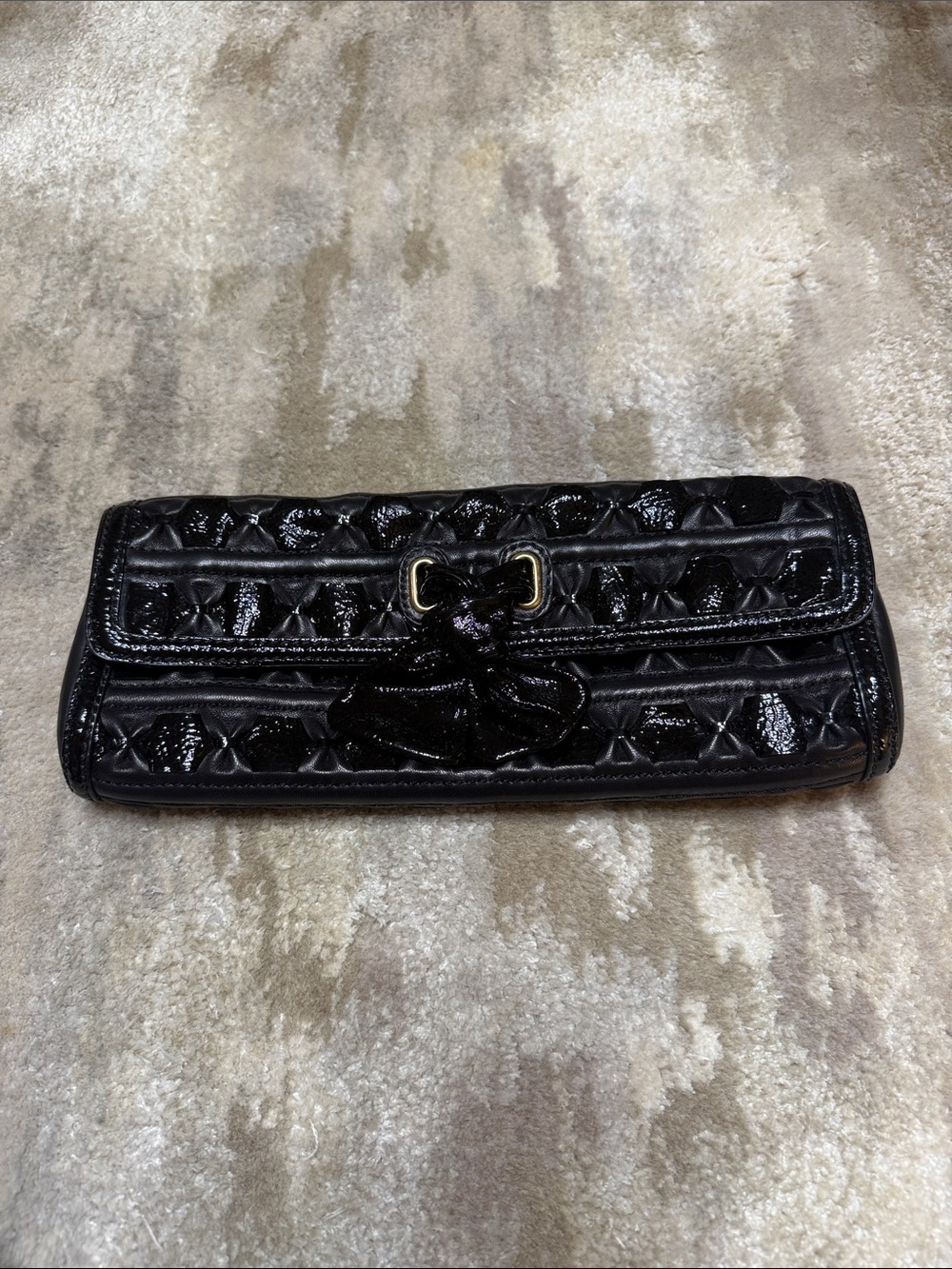 Isabella Fiore Black Leather Patent Woven Bow Clutch